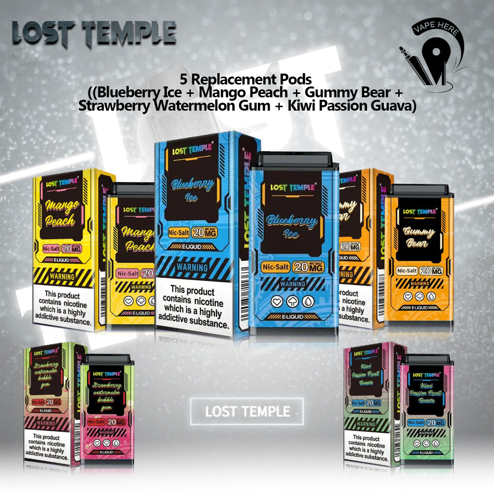 5 Replacement Pods (Blueberry Ice + Mango Peach + Gummy Bear + Strawberry Watermelon Gum + Kiwi Passion Guava) UAE Ajman