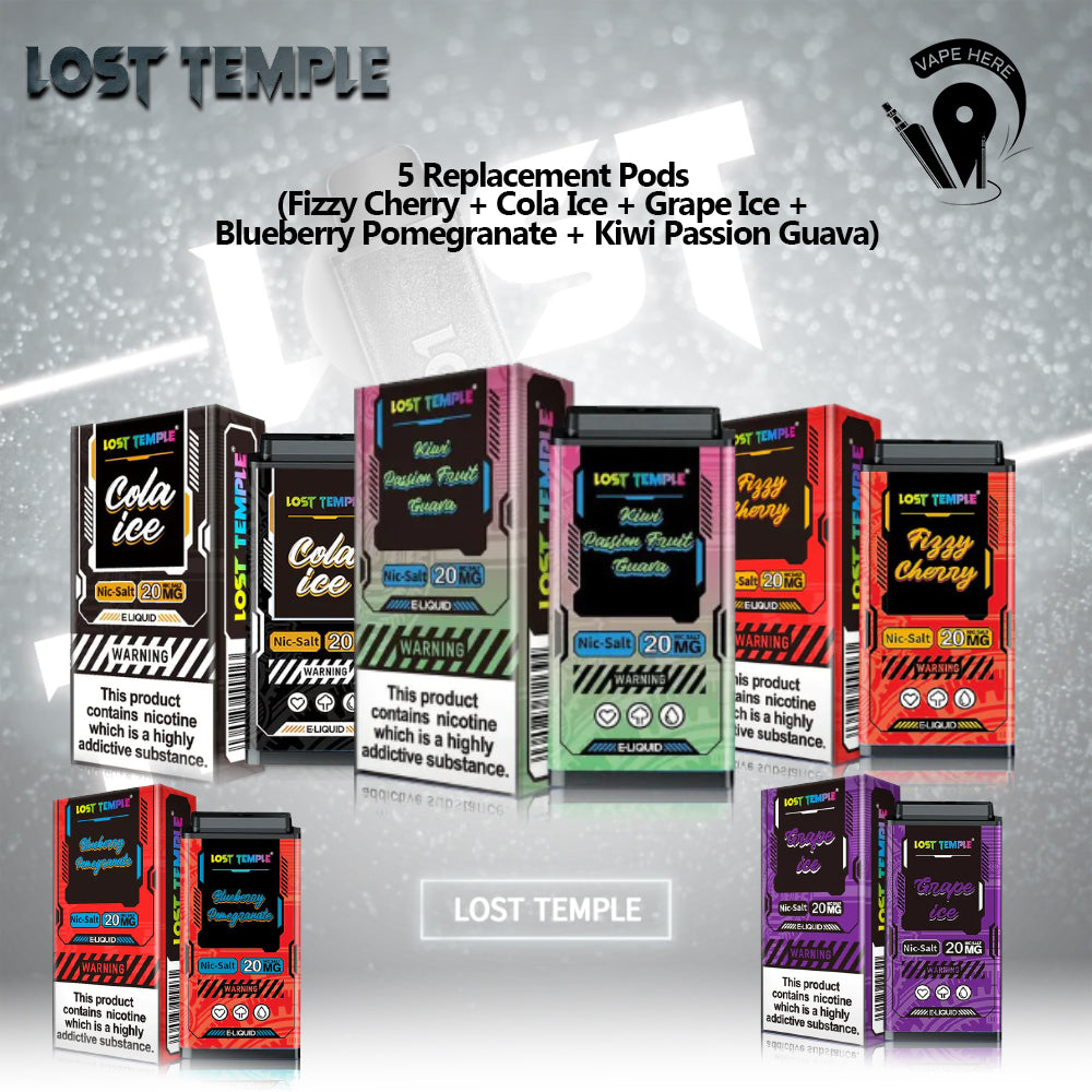 5 Replacement Pods (Fizzy Cherry + Cola Ice + Grape Ice + Blueberry Pomegranate + Kiwi Passion Guava) UAE Fujairah