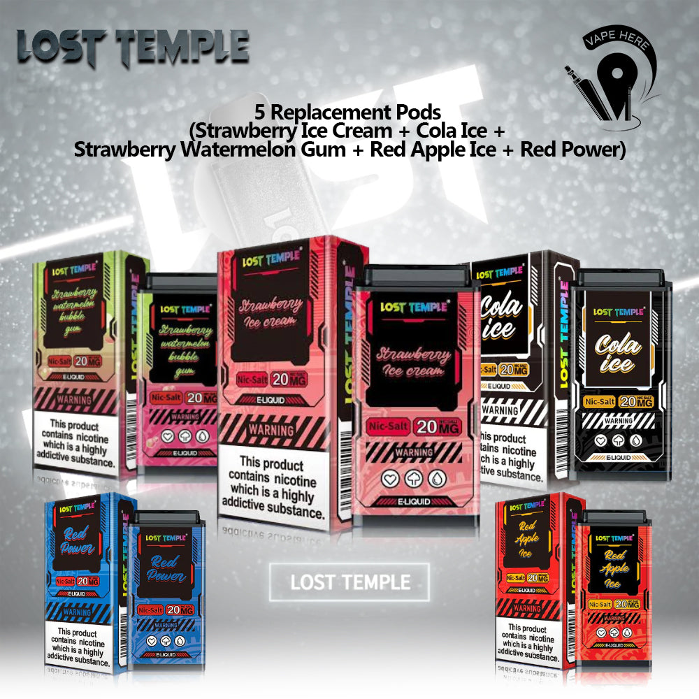 5 Replacement Pods (Strawberry Ice Cream + Cola Ice + Strawberry Watermelon Gum + Red Apple Ice + Red Power) UAE Umm Al Quwain
