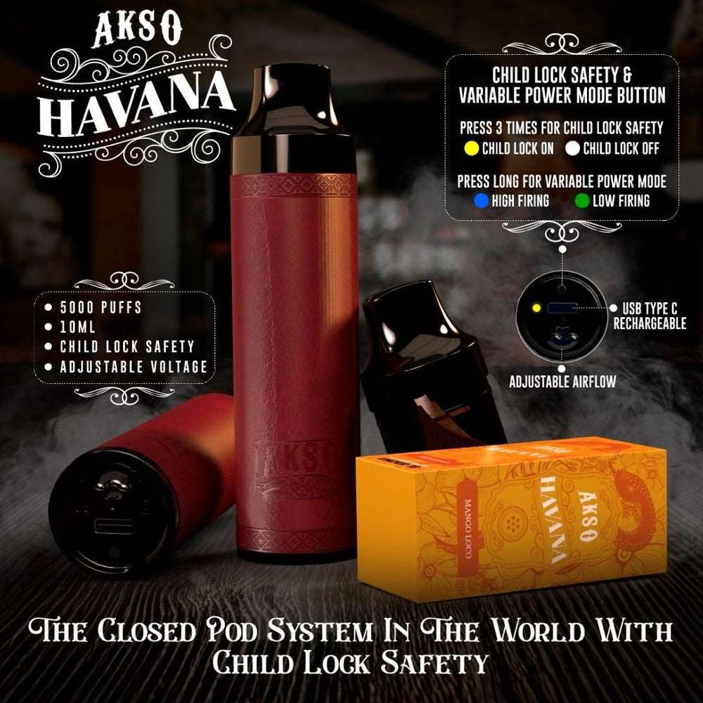 AKSO HAVANA DISPOSABLE VAPE 5000 PUFFS (Closed Pod System) - Vape Here Store