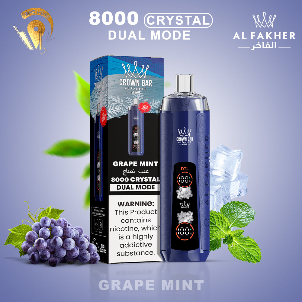 Al Fakher Crown Bar Crystal 8000 Puffs Disposable Vape Grape Mint UAE Abu Dhabi