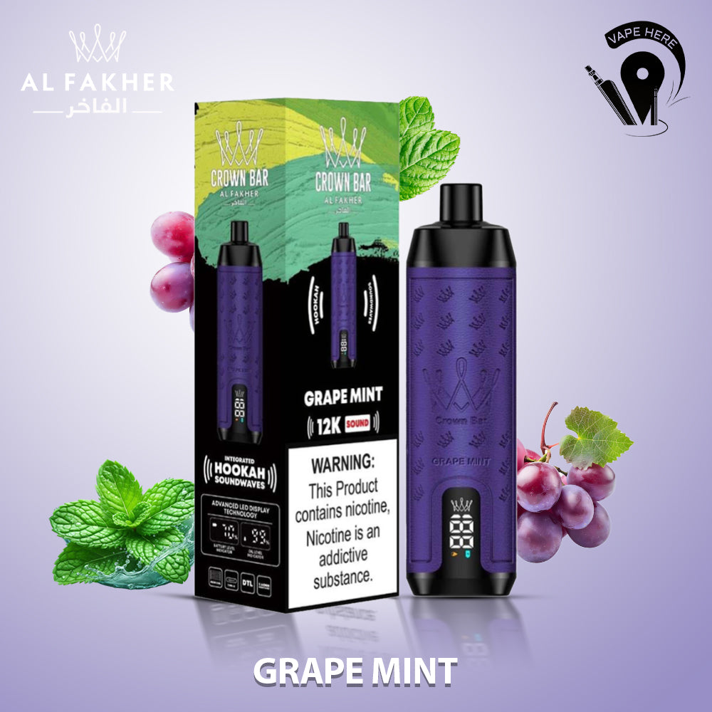 Al Fakher Crown Bar Sound 12000 Puffs DLT Shisha Disposable Vape Grape MInt UAE Sharjah