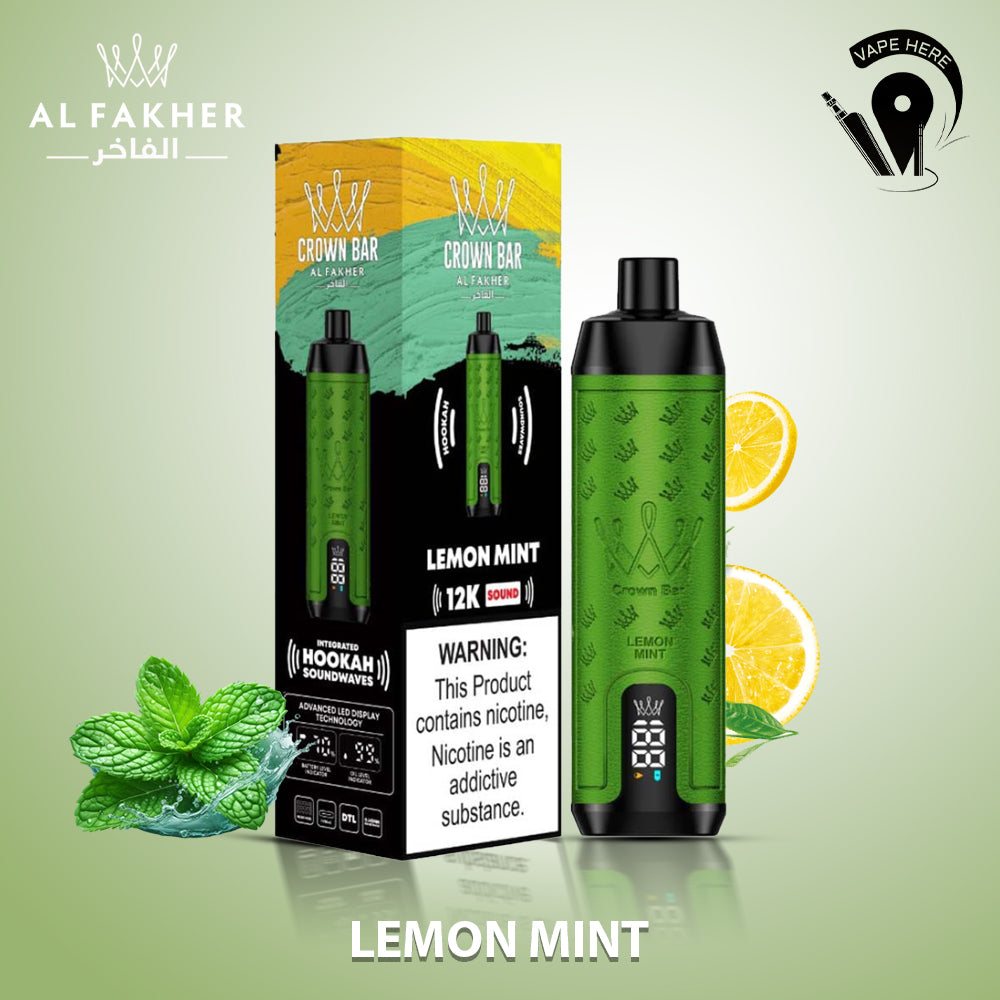 Al Fakher Crown Bar Sound 12000 Puffs DLT Shisha Disposable Vape Lemon Mint UAE Abu Dhabi