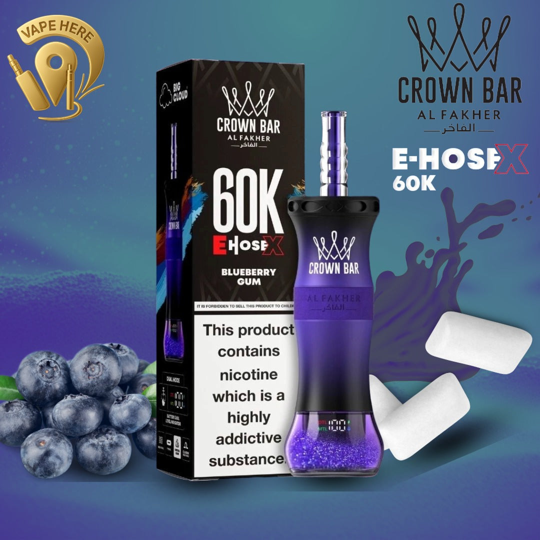 Al Fakher Crown Bar E-Hose X 60K Puffs Shisha Disposable Vape Blueberry Gum 