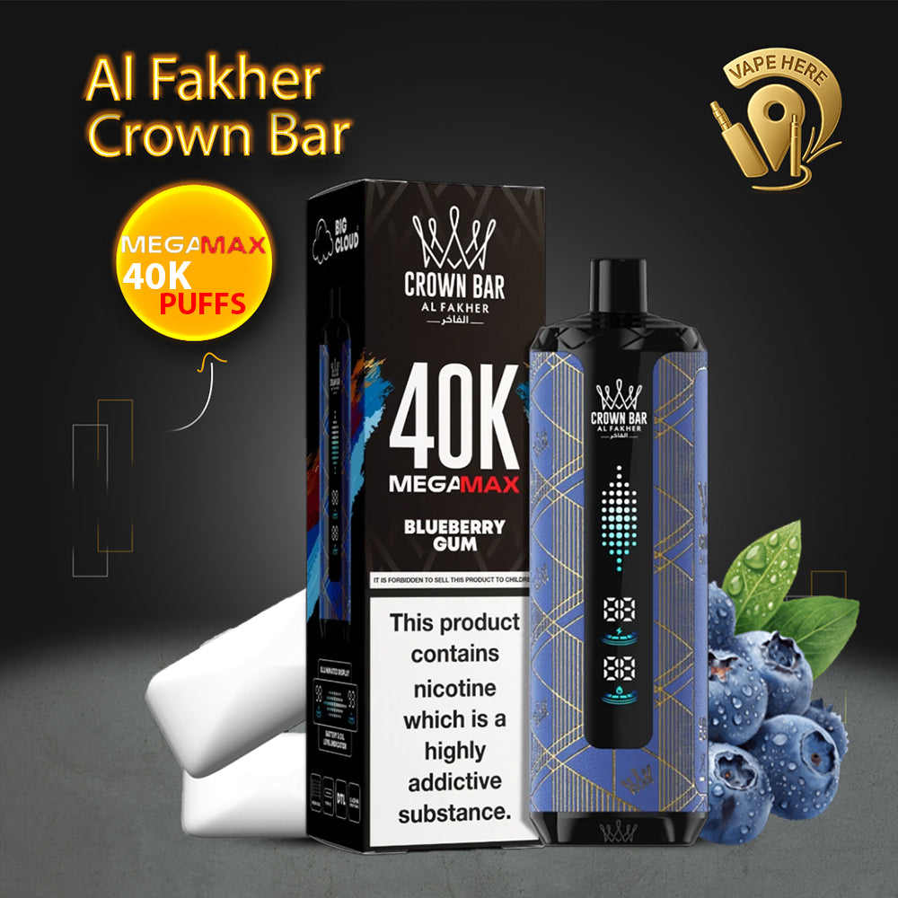 Al Fakher Crown Bar Mega Max 40K Puffs Disposable Vape Blueberry Gum UAE Ajman 