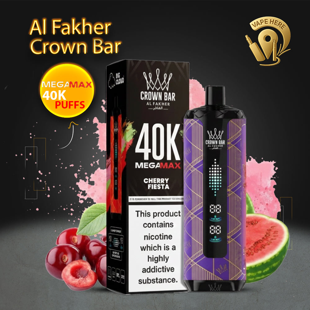 Al Fakher Crown Bar Mega Max 40K Puffs Disposable Vape Cherry Fiesta UAE Al Ain 