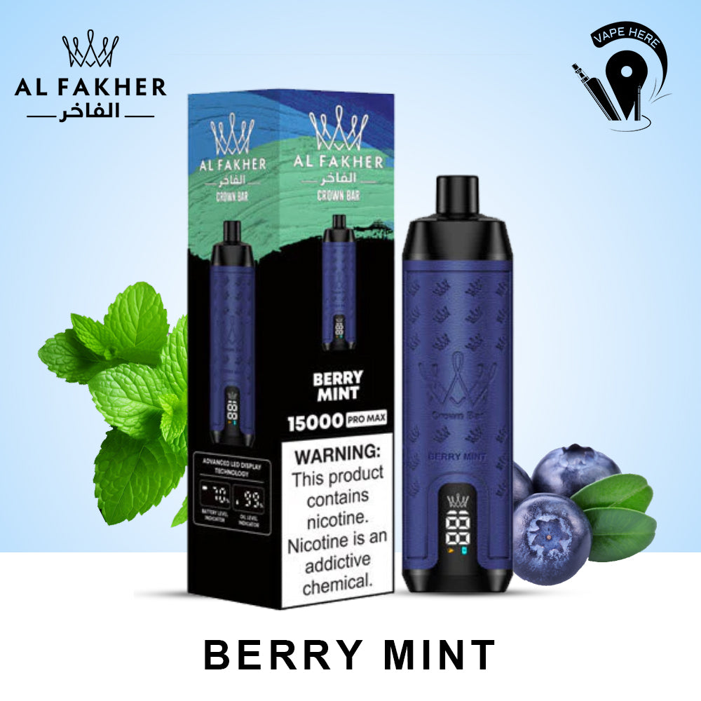 Al Fakher Shisha Crown Bar 15000 PRO MAX PUFFS DISPOSABLE VAPE Berry Mint UAE Abu Dhabi