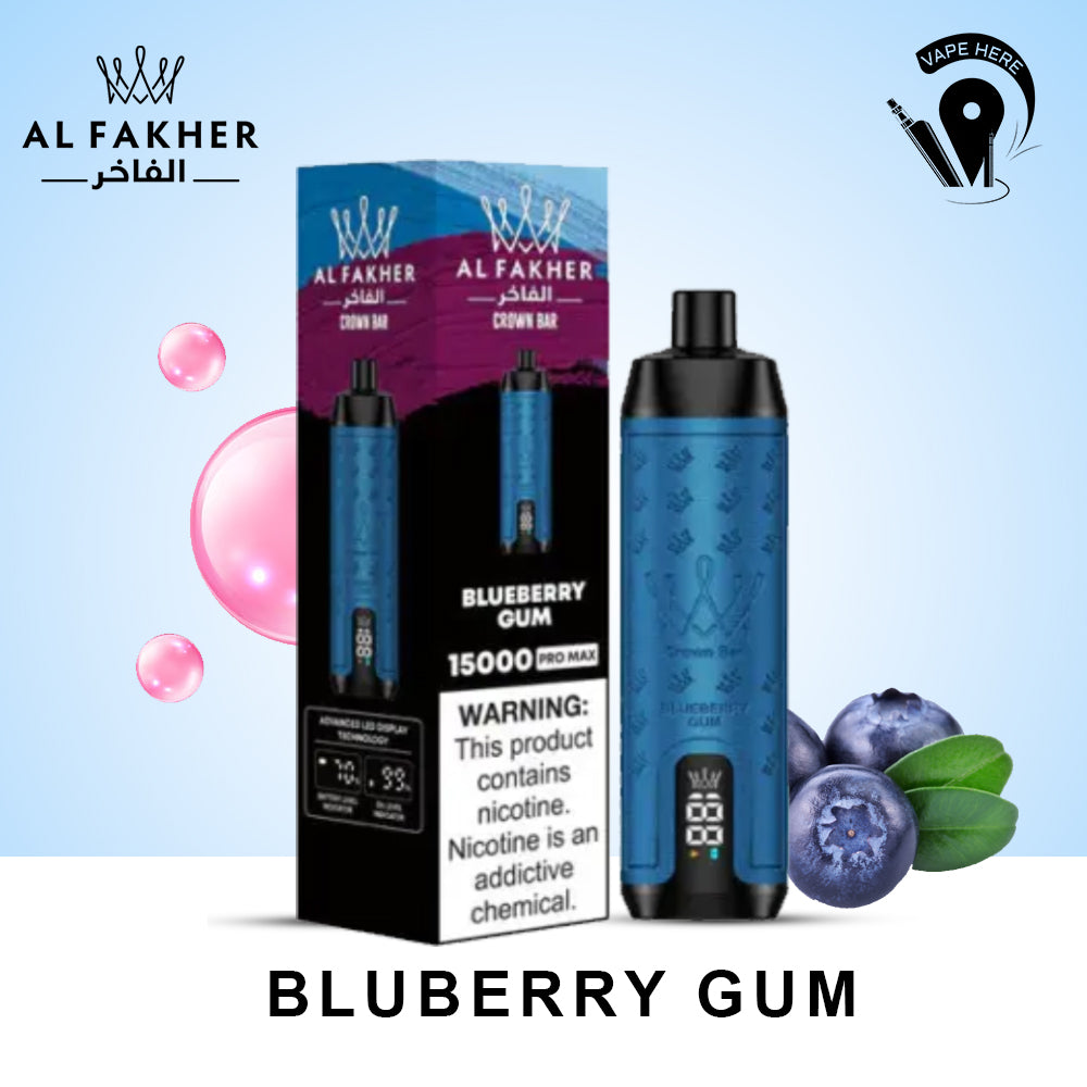 Al Fakher Shisha Crown Bar 15000 PRO MAX PUFFS DISPOSABLE VAPE Blueberry Gum UAE Dubai