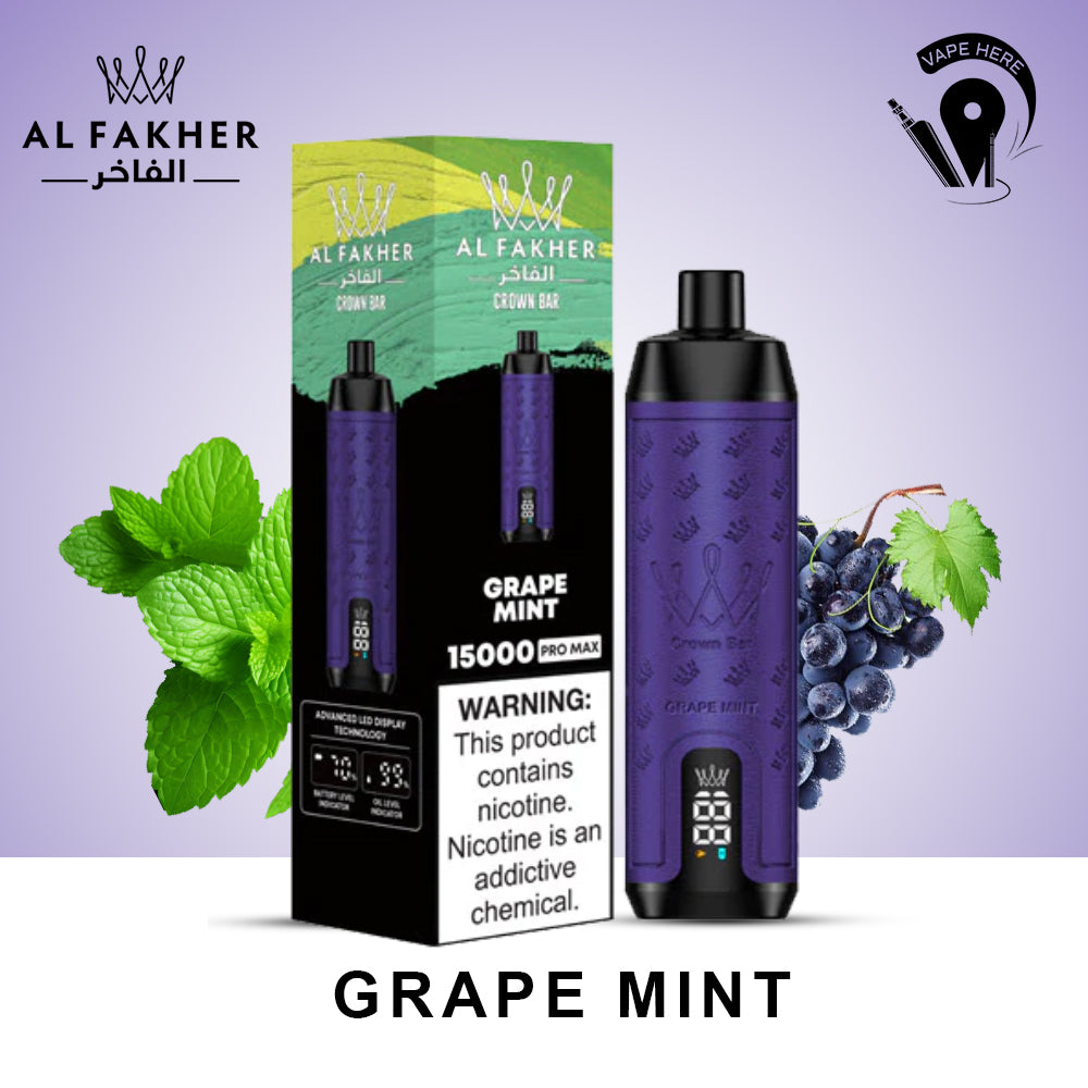 Al Fakher Shisha Crown Bar 15000 PRO MAX PUFFS DISPOSABLE VAPE Grape MInt UAE Al Ain