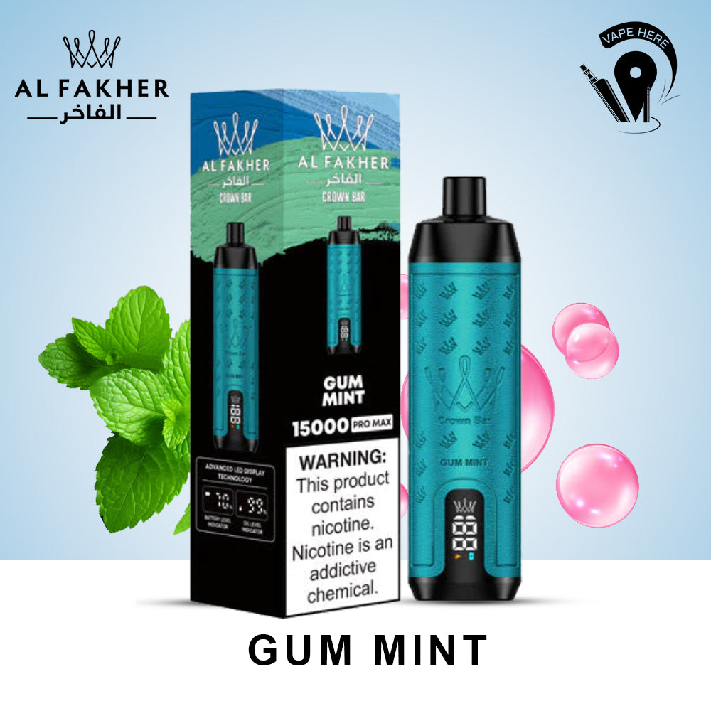 Al Fakher Shisha Crown Bar 15000 PRO MAX PUFFS DISPOSABLE VAPE Gum Mint UAE Ajman