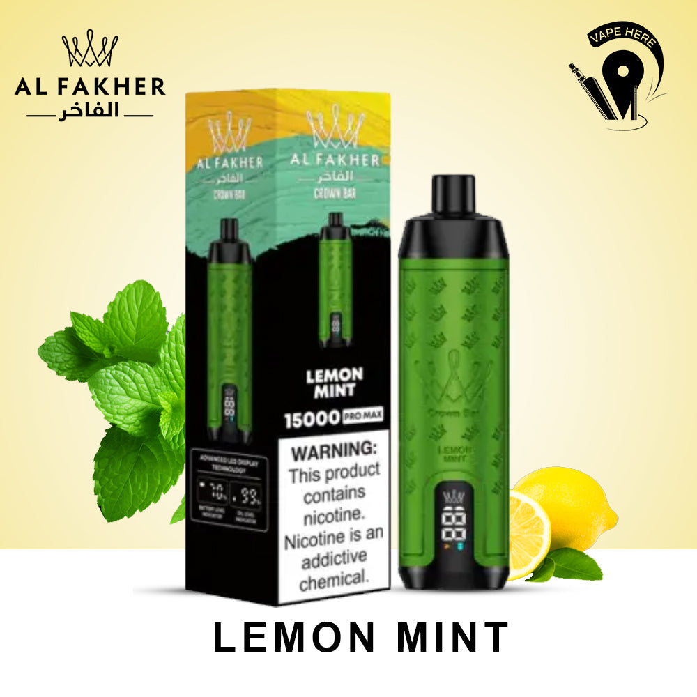 Al Fakher Shisha Crown Bar 15000 PRO MAX PUFFS DISPOSABLE VAPE Lemon Mint UAE Ras Al Khaimah