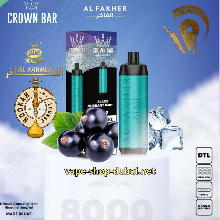Al Fakher Shisha Crown Bar 8000 & 8000 PRO UAE Abu Dhabi Blackcurrant Mint