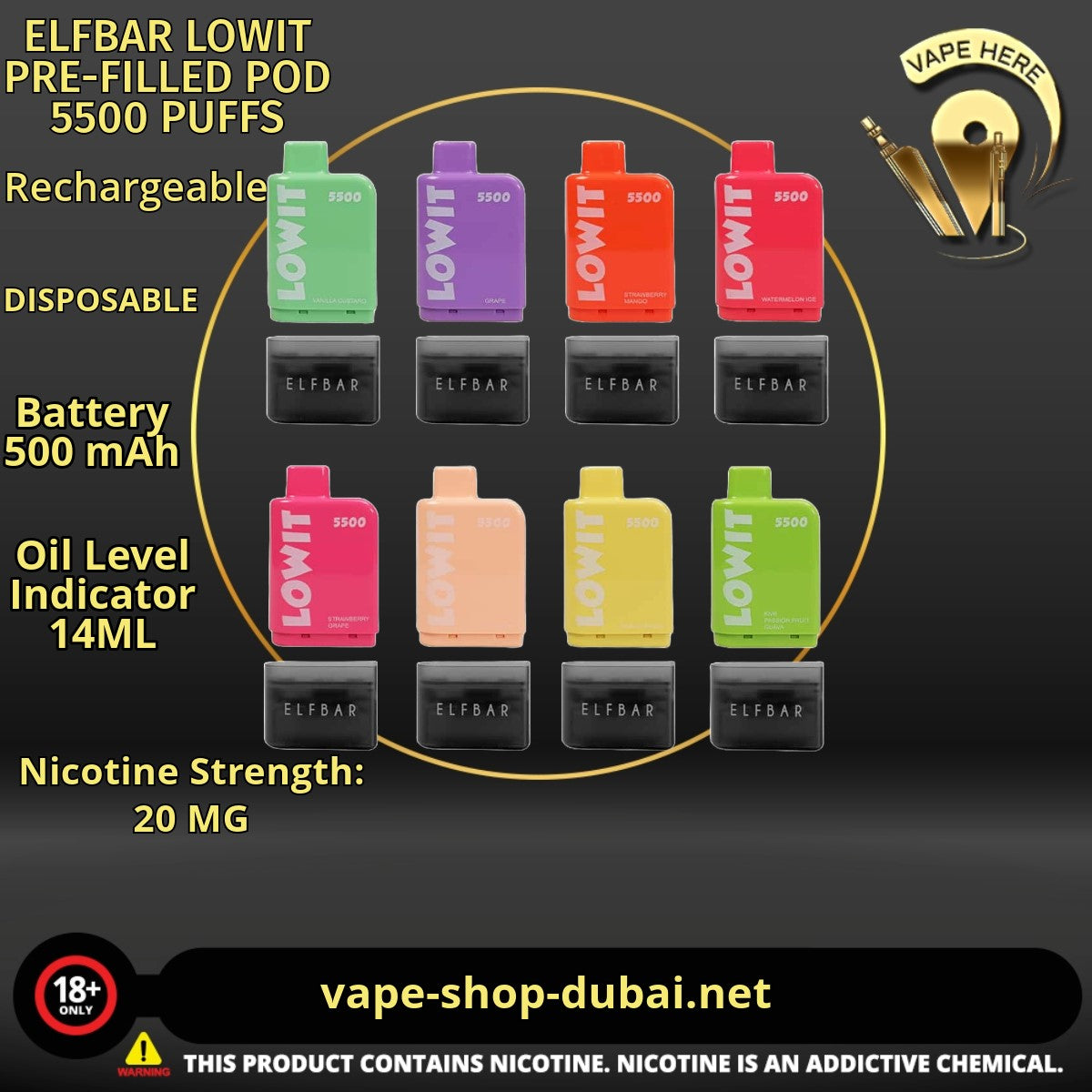 ELFBAR LOWIT PRE-FILLED POD 5500 PUFFS 20MG - Vape Here Store