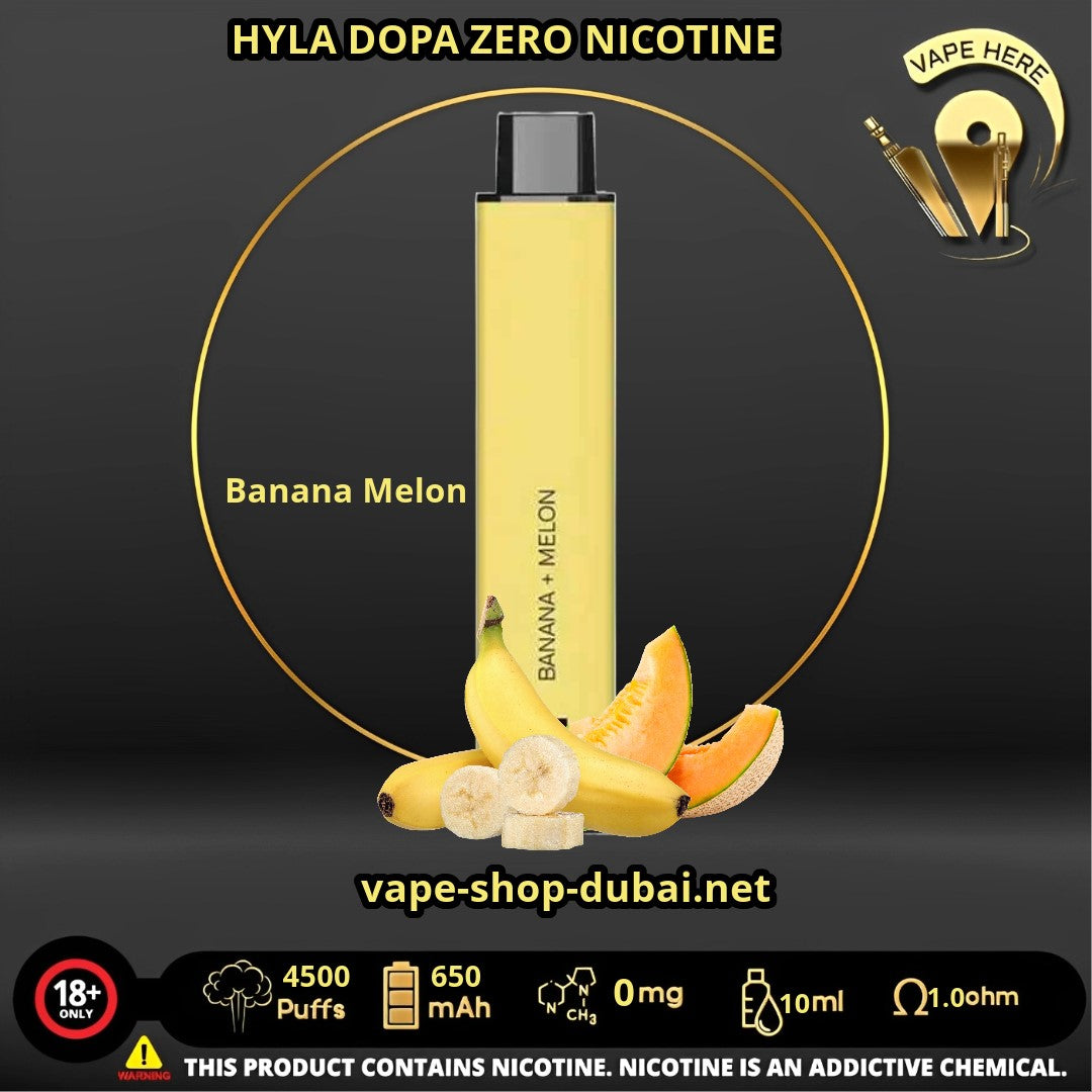 HYLA DOPA ZERO 4500 PUFFS Banana Melon DISPOSABLE VAPE (Zero mg Nicotine) UAE Vape Here Store