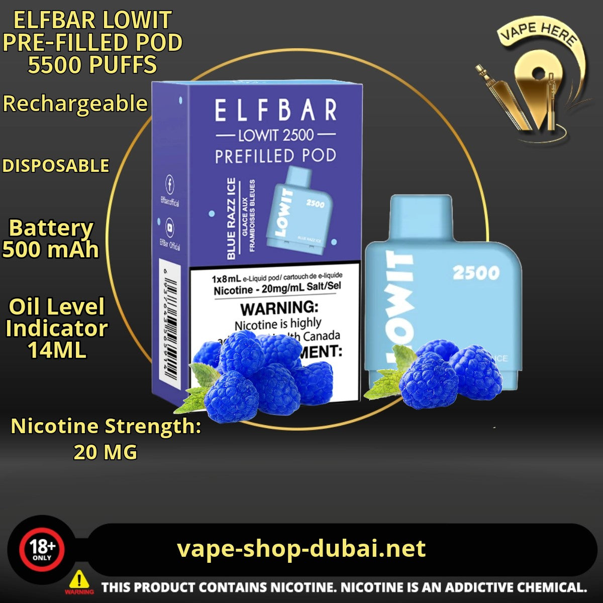 ELFBAR LOWIT PRE-FILLED POD 5500 PUFFS Blue Raspberry Ice 20MG UAE Ajman