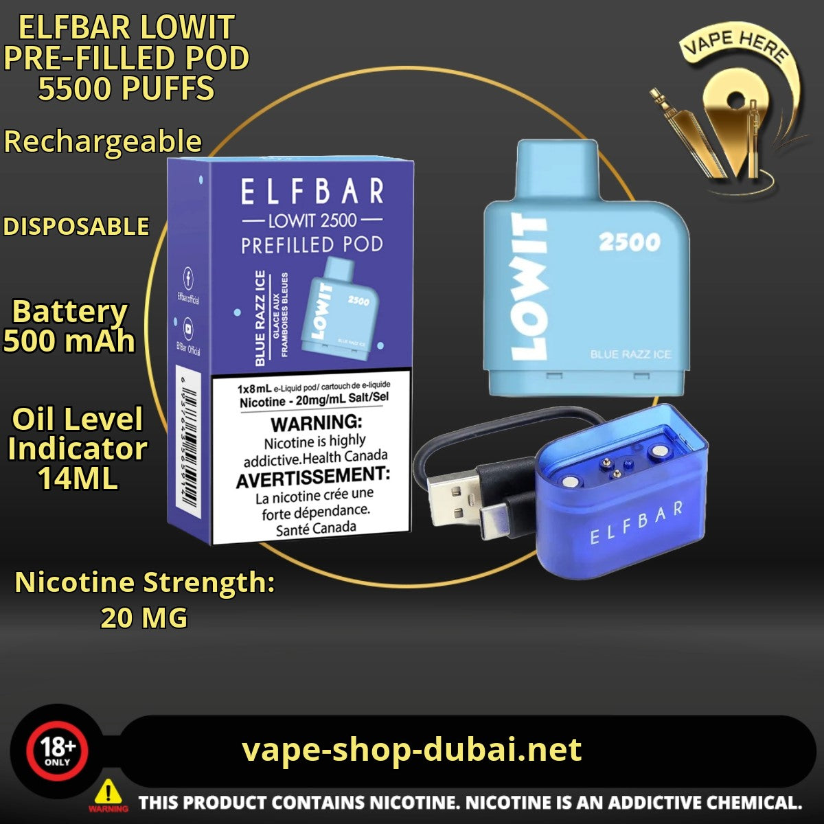 ELFBAR LOWIT PRE-FILLED POD 5500 PUFFS 20MG - Vape Here Store