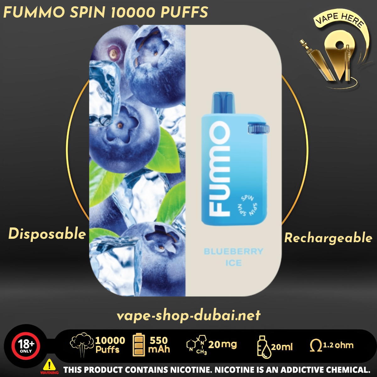 FUMMO SPIN 10000 PUFFS 20 MG DISPOSABLE VAPE blueberry ice