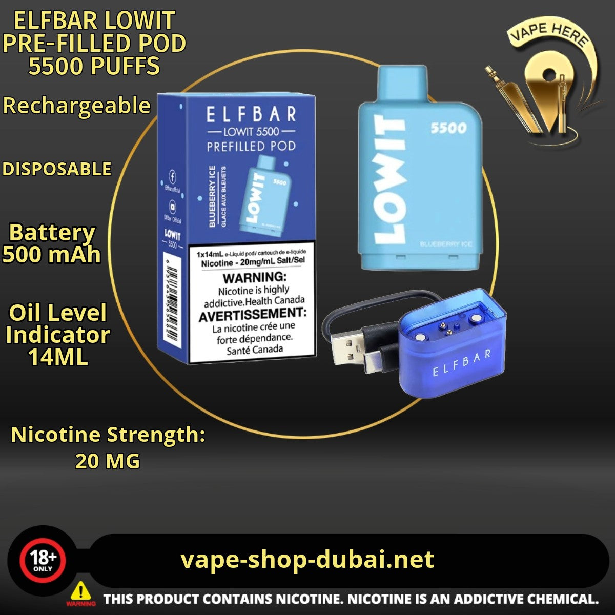 ELFBAR LOWIT PRE-FILLED POD 5500 PUFFS 20MG - Vape Here Store