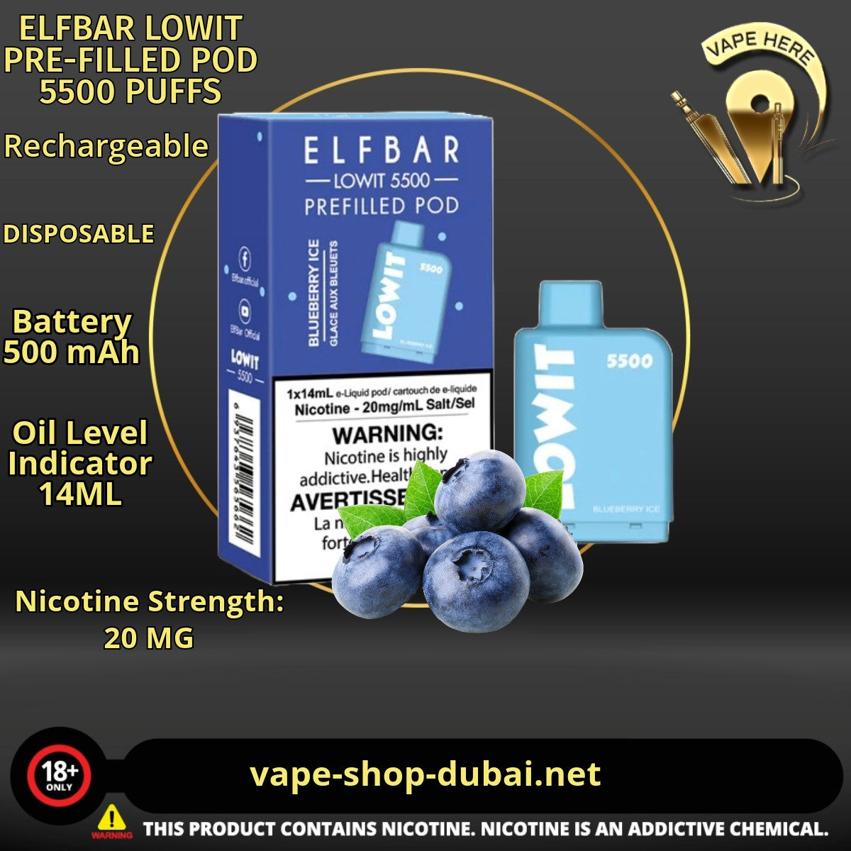 ELFBAR LOWIT PRE-FILLED POD 5500 PUFFS Blueberry Ice 20MG UAE Dubai