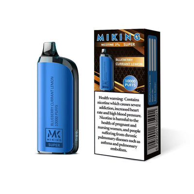Blue vaping device with Miking packaging on a white background