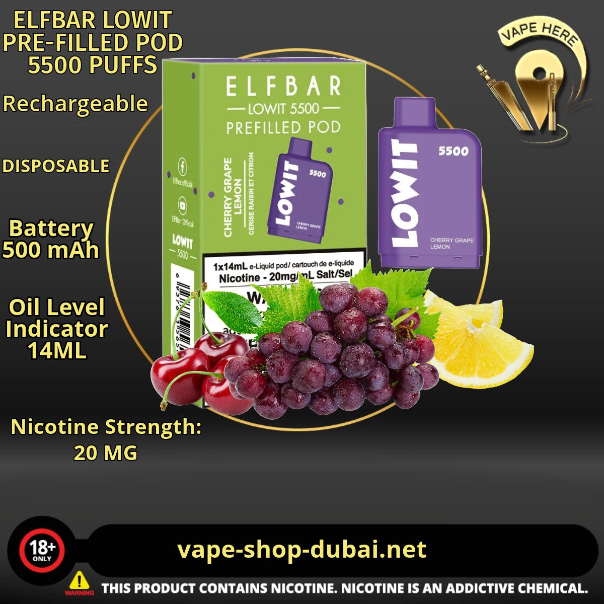 ELFBAR LOWIT PRE-FILLED POD 5500 PUFFS Cherry Grape Lemonade 20MG UAE Dubai