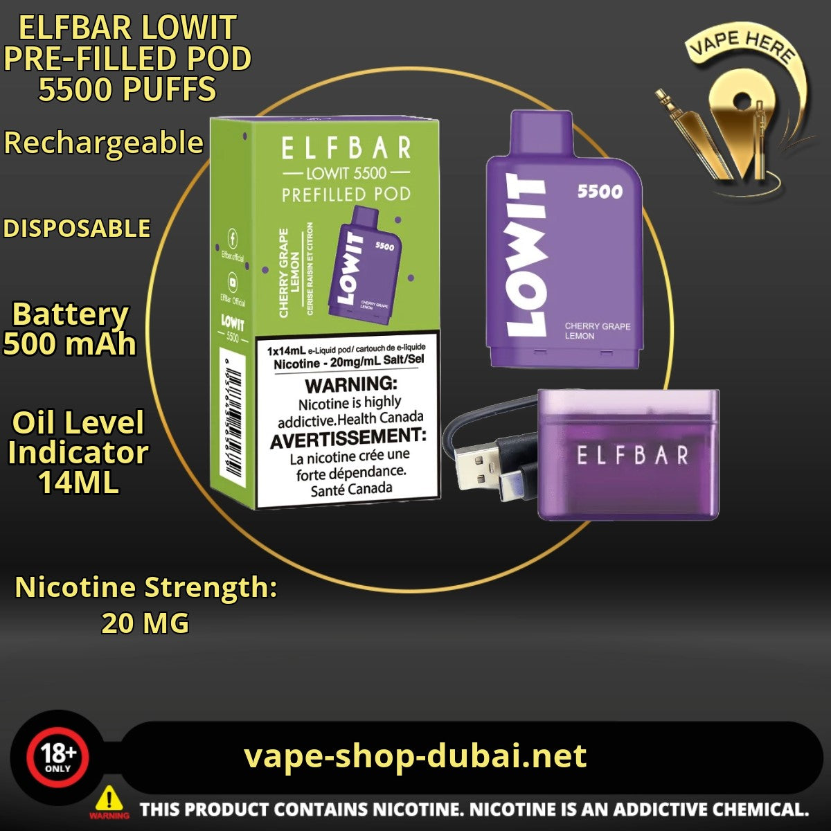 ELFBAR LOWIT PRE-FILLED POD 5500 PUFFS 20MG - Vape Here Store