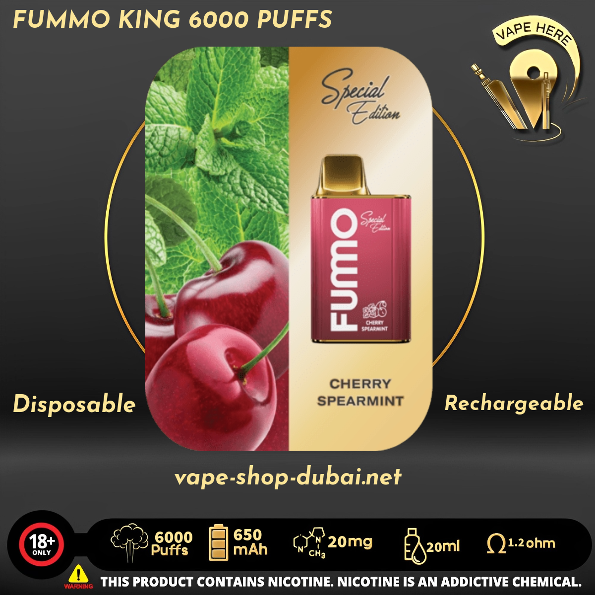 FUMMO KING 6000 PUFFS 20 MG Cherry Spearmint DISPOSABLE VAPE UAE RAs Al Khaimah