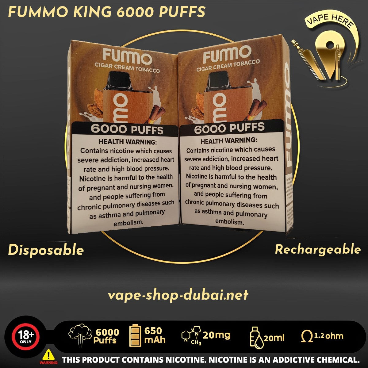 FUMMO KING 6000 PUFFS 20 MG Cigar Cream Tobacco DISPOSABLE VAPE UAE Ras Al Khaimah