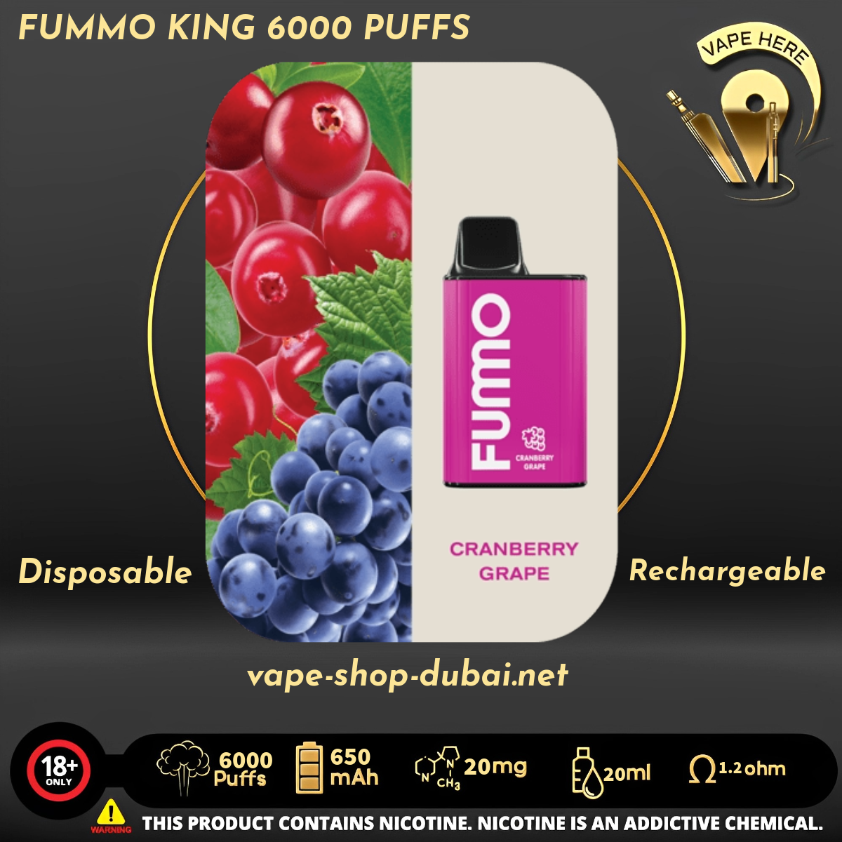 FUMMO KING 6000 PUFFS 20 MG Cranberry Grape DISPOSABLE VAPE UAE Sharjah