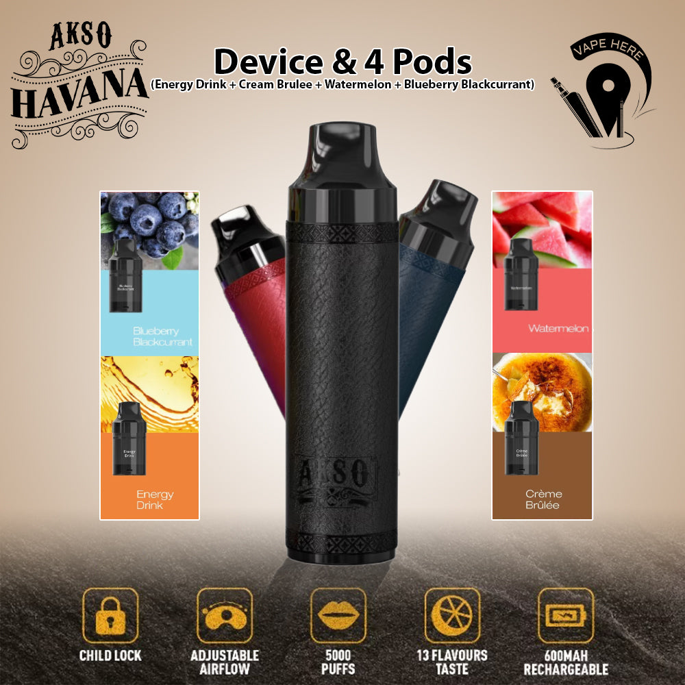 AKSO Havana Super Deal, Get 1 Device + 4 Flavor Pods (5000 Puffs Each) | Mixed Flavor Bundle! | Vape Here Store AKSO Havana Super Deal, Get 1 Device + 4 Flavor Pods (5000 Puffs Each) | Mixed Flavor Bundle! | Vape Here Store