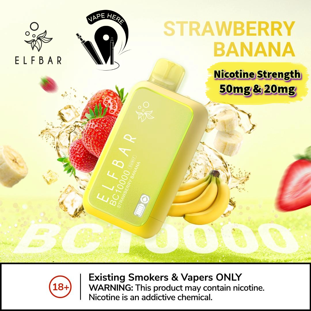 ELF BAR BC10000 PUFFS DISPOSABLE VAPE Strawberry Banana 50mg & 20mg UAE Abu Dhabi