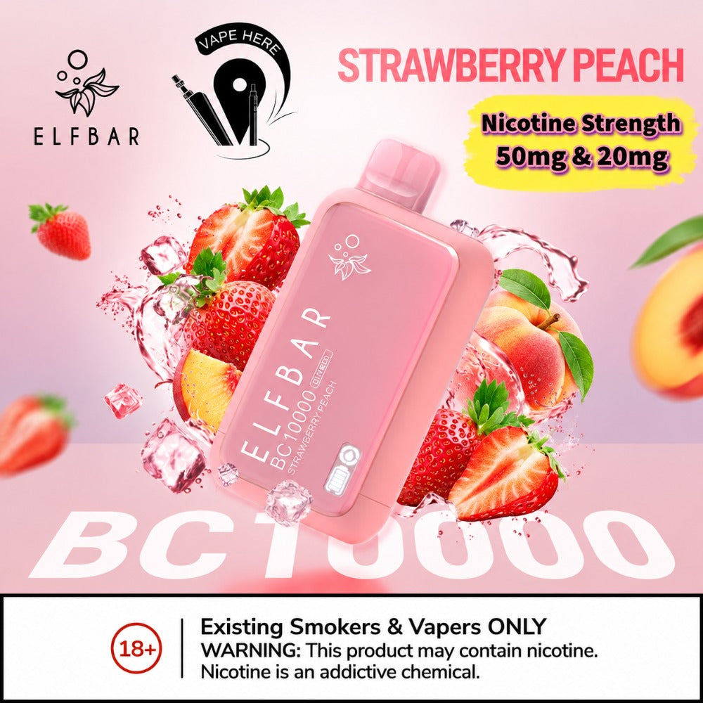 ELF BAR BC10000 PUFFS DISPOSABLE VAPE Strawberry-Peach  50mg & 20mg UAE Al Ain