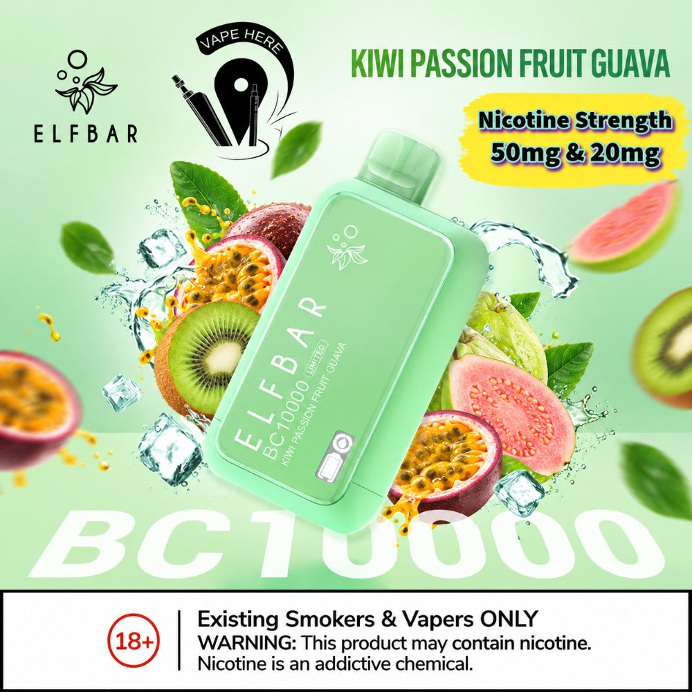 ELF BAR BC10000 PUFFS DISPOSABLE VAPE Kiwi Passion Fruit Guava  50mg & 20mg UAE Ras Al Khaimah