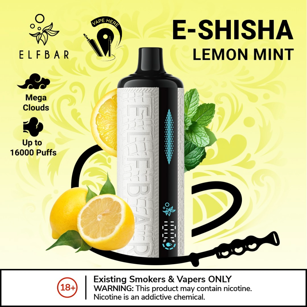 ELFBAR E-Shisha 16000 PUFFS DISPOSABLE VAPE Ultimate DTL Experience Lemon Mint UAE Ras Al Khaimah