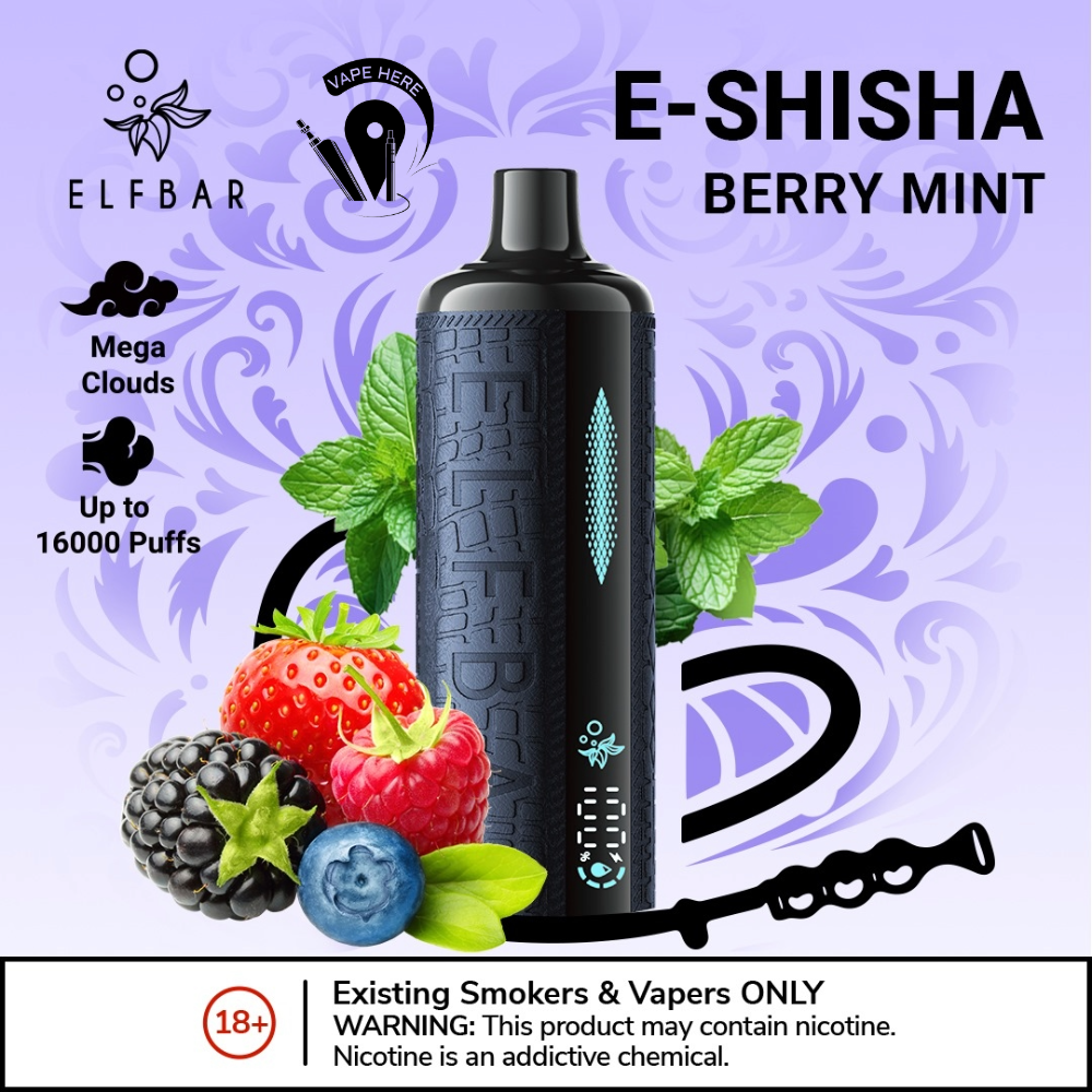 ELFBAR E-Shisha 16000 PUFFS DISPOSABLE VAPE Ultimate DTL Experience Berry Mint UAE Abu Dhabi