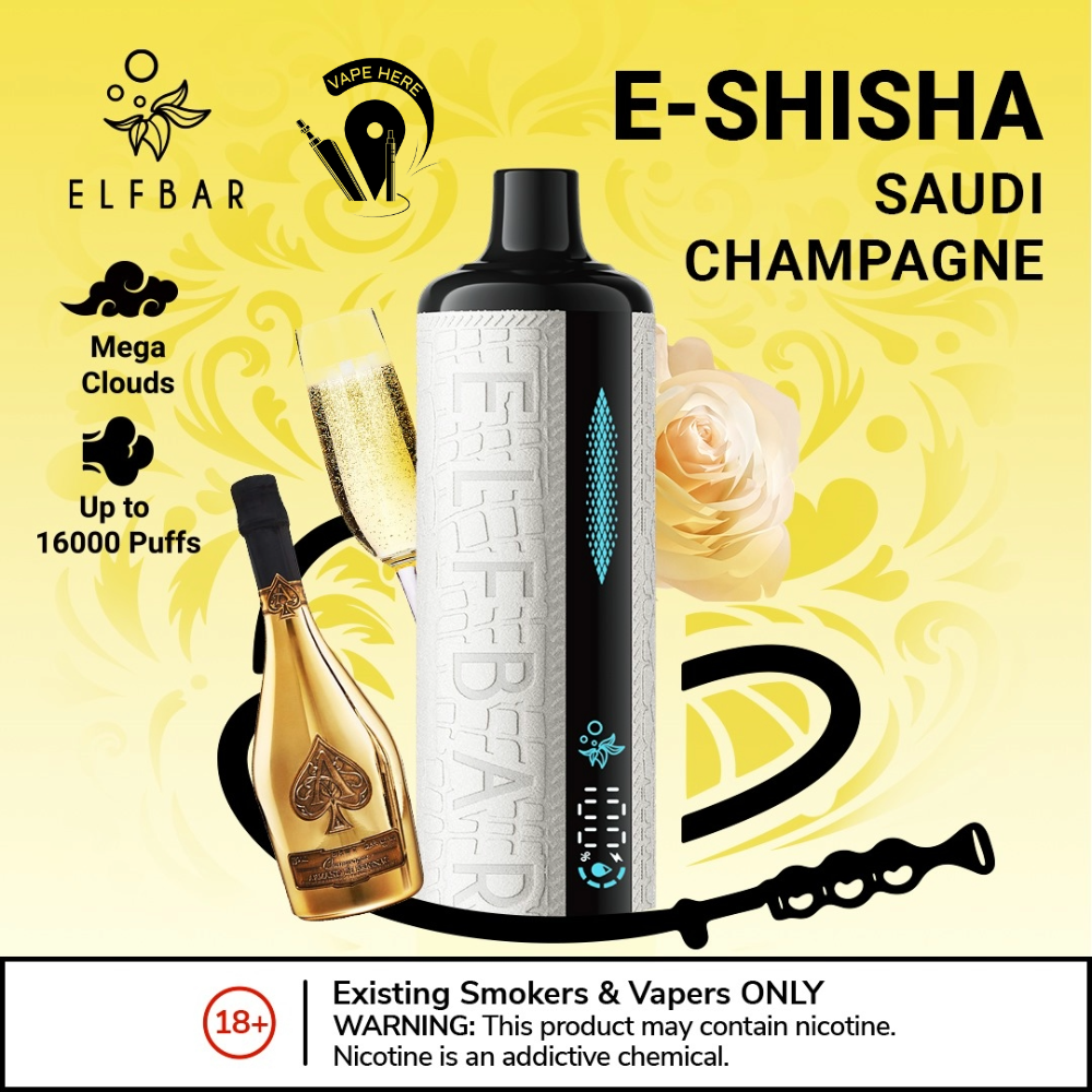 ELFBAR E-Shisha 16000 PUFFS DISPOSABLE VAPE Ultimate DTL Experience Suadi Champagne UAE Al Ain