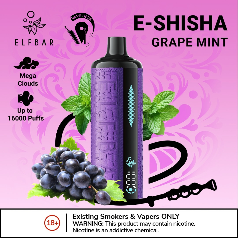 ELFBAR E-Shisha 16000 PUFFS DISPOSABLE VAPE Ultimate DTL Experience Grape Mint UAE Ajman