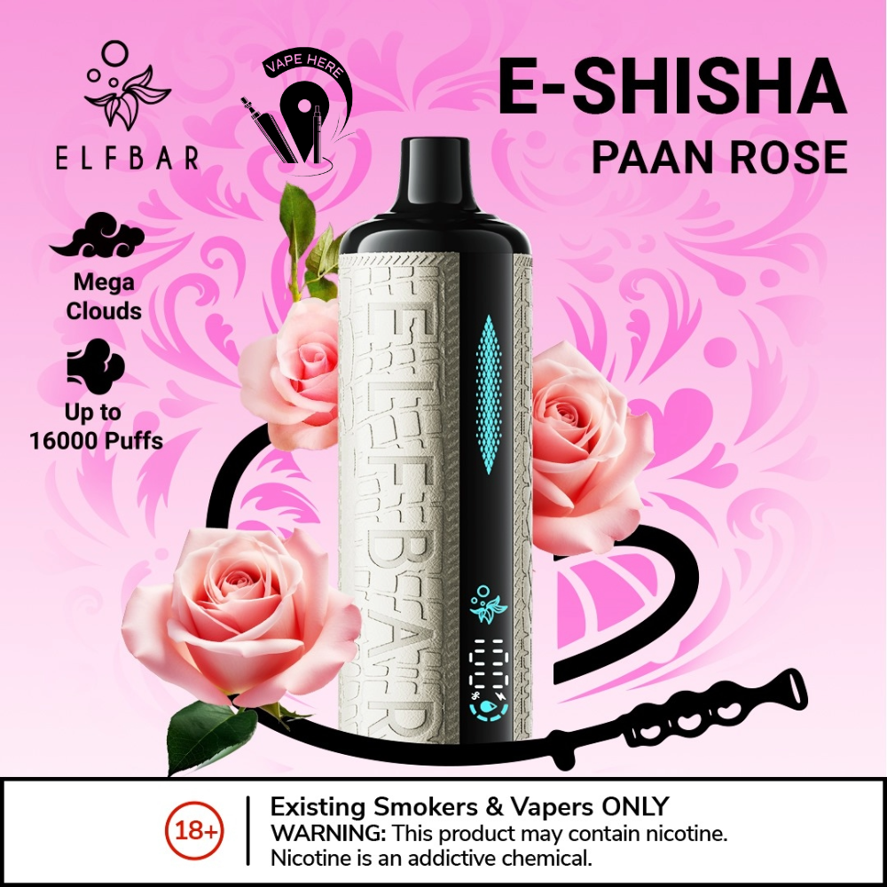 ELFBAR E-Shisha 16000 PUFFS DISPOSABLE VAPE Ultimate DTL Experience Paan Rose UAE Dubai