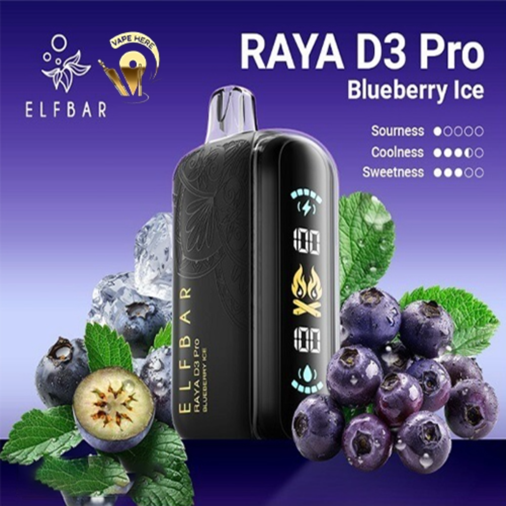 ELF BAR RAYA D3 PRO 30K PUFFS 50MG DISPOSABLE VAPE - LED Screen Blueberry Ice UAE Al Ain