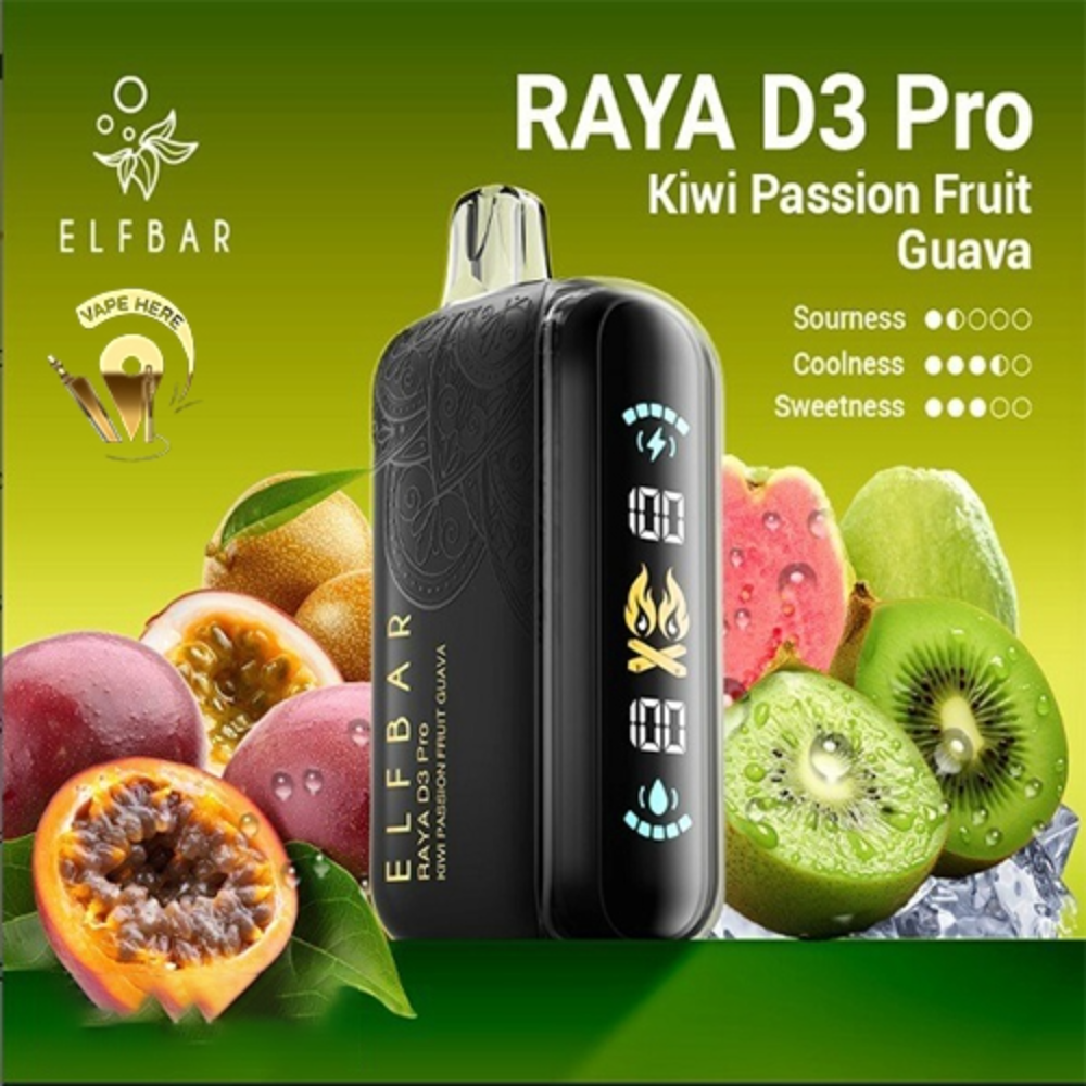 ELF BAR RAYA D3 PRO 30K PUFFS 50MG DISPOSABLE VAPE - LED Screen Kiwi Passion Fruit Guava UAE Umm Al Quwain