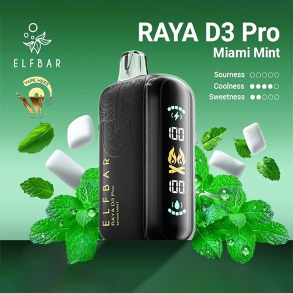 ELF BAR RAYA D3 PRO 30K PUFFS 50MG DISPOSABLE VAPE - LED Screen Miami Mint UAE Abu Dhabi