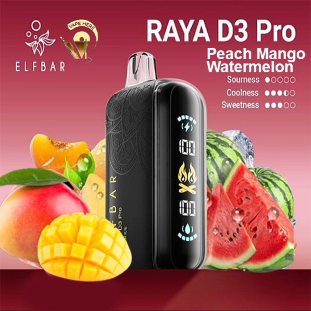ELF BAR RAYA D3 PRO 30K PUFFS 50MG DISPOSABLE VAPE - LED Screen Peach Mango Watermelon UAE Al Ain