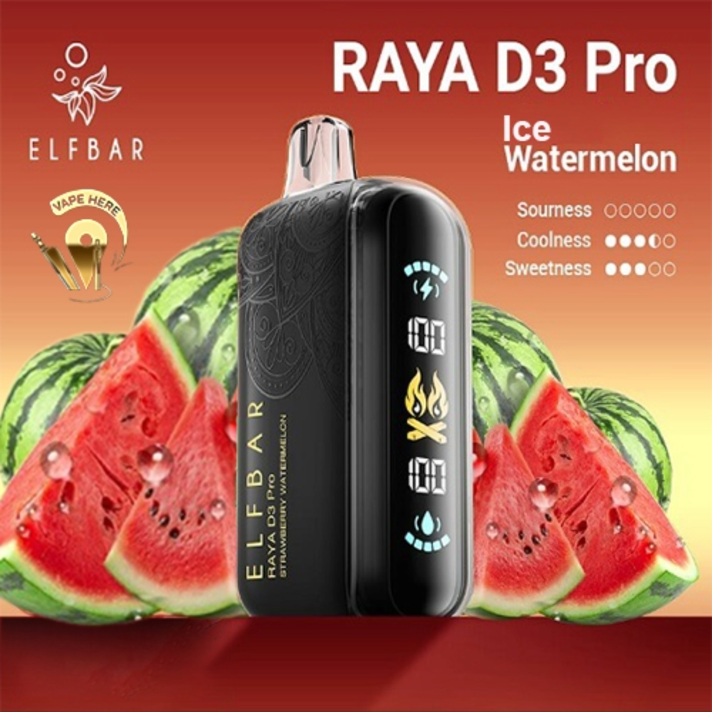 ELF BAR RAYA D3 PRO 30K PUFFS 50MG DISPOSABLE VAPE - LED Screen Ice Watermelon UAE Al Ain