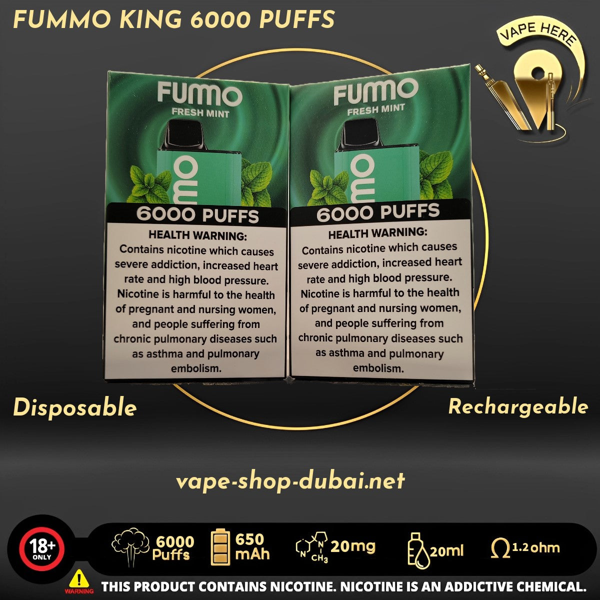 FUMMO KING 6000 PUFFS 20 MG Fresh Mint DISPOSABLE VAPE UAE Abu Dhabi