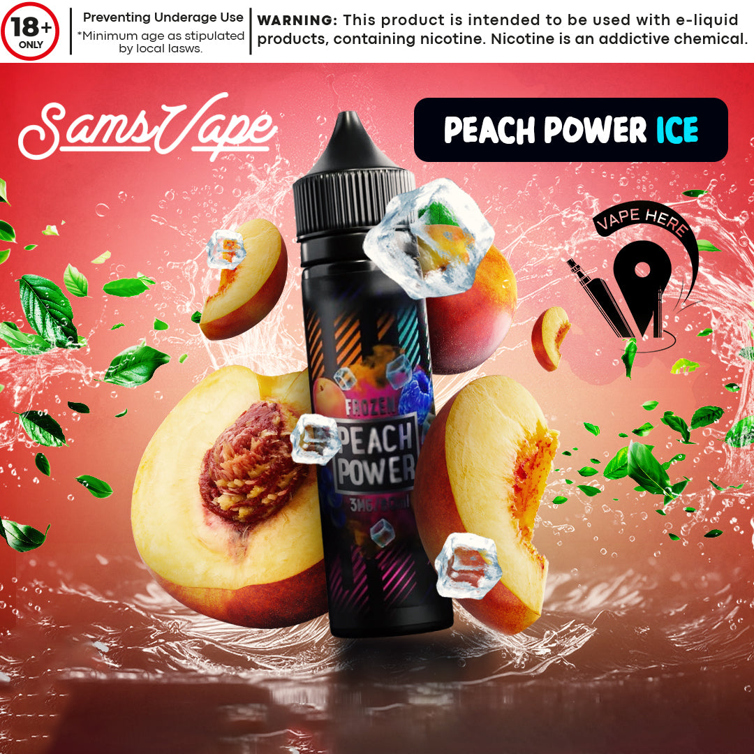 Frozen Peach Power E-liquid By Sam Vapes | Vape Here Store Frozen Peach Power E-liquid By Sam Vapes | Vape Here Store
