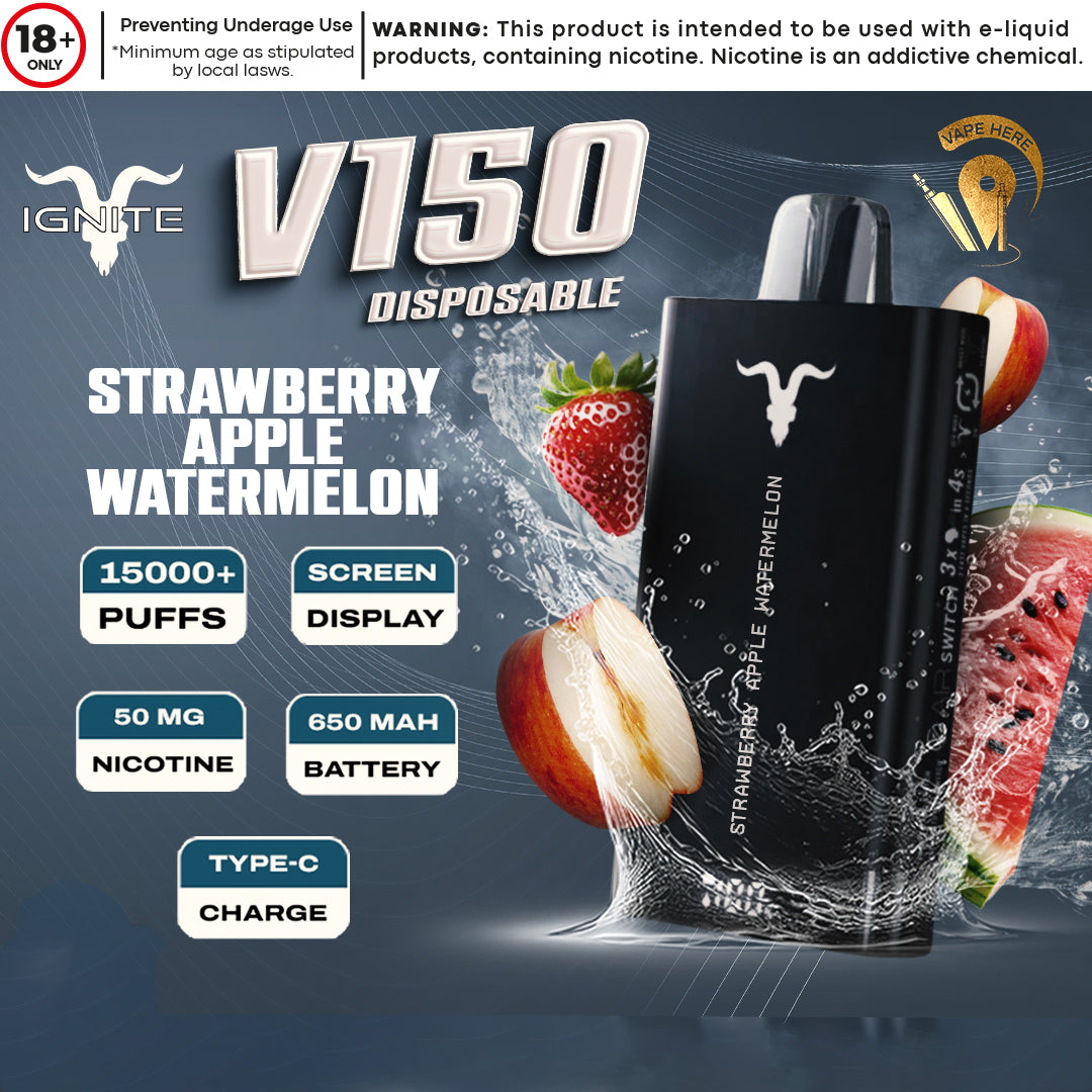 IGNITE V150 Disposable Vape 15000 PUFFS (20&50mg) Strawberry Apple Watermelon