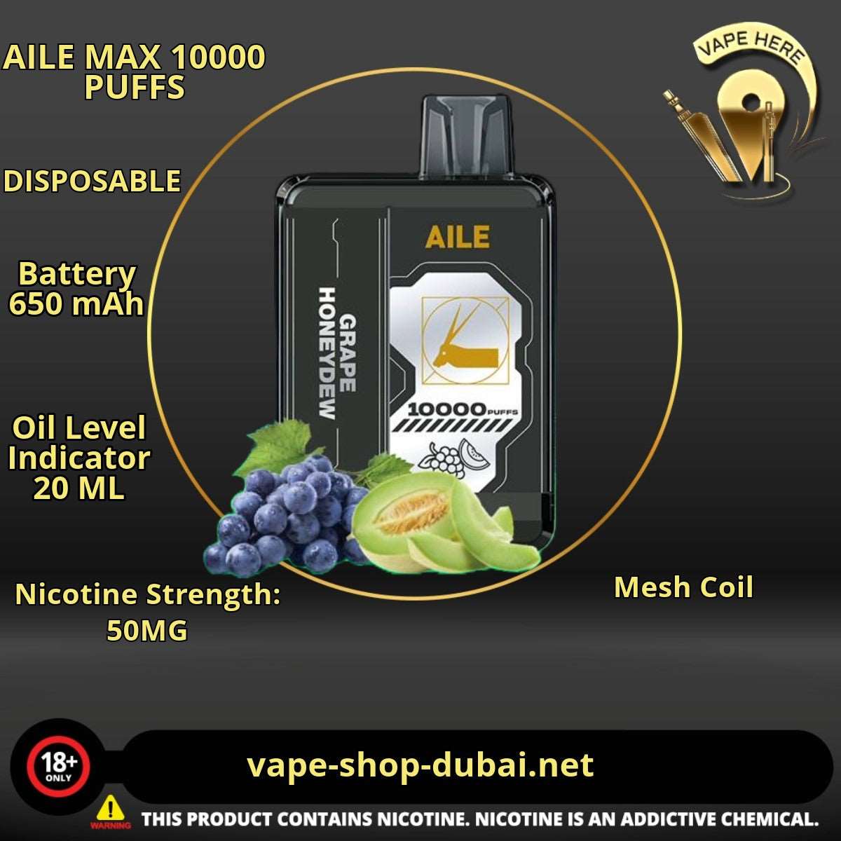 AILE MAX 10000 PUFFS Grape Honeydew DISPOSABLE VAPE UAE Abu Dhabi