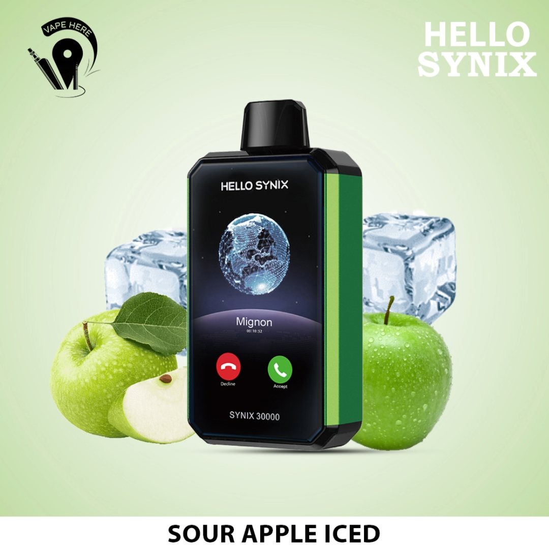 HELLO SYNIX 30000 PUFFS SMART PHONE DISPOSABLE VAPE AI CHAT & DISPLAY Sour Apple Iced UAE Ras Al Khaimah