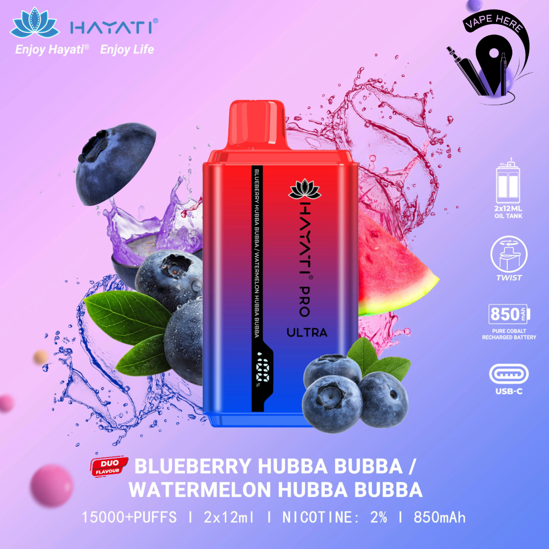 Hayati Pro Ultra 15000 Puffs Disposable Vape 20mg Blueberry Hubba Bubba / Watermelon Hubba Bubba UAE Dubai