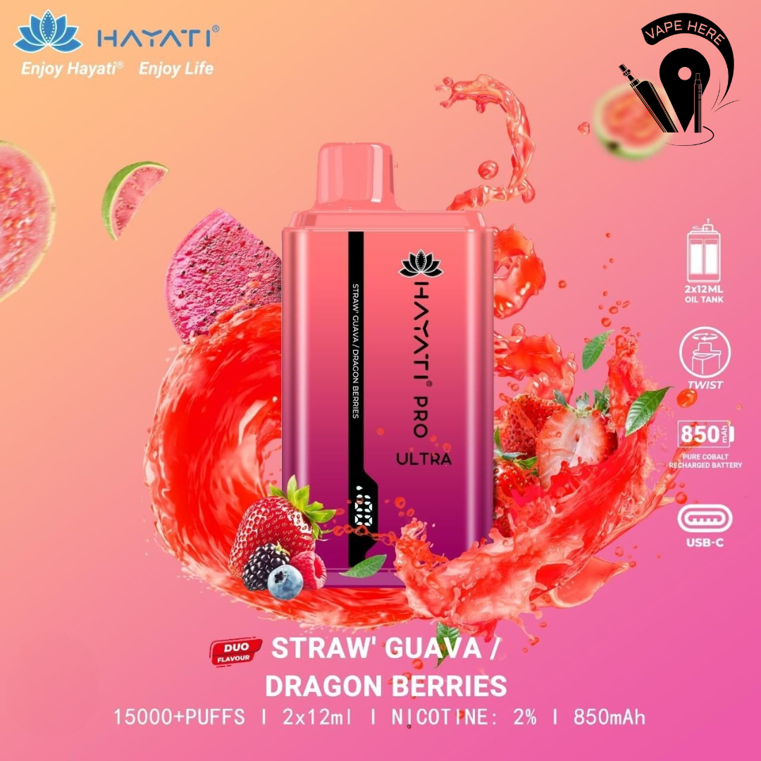 Hayati Pro Ultra 15000 Puffs Disposable Vape 20mg Straw Guava  Dragon Berries UAE Abu Dhabi